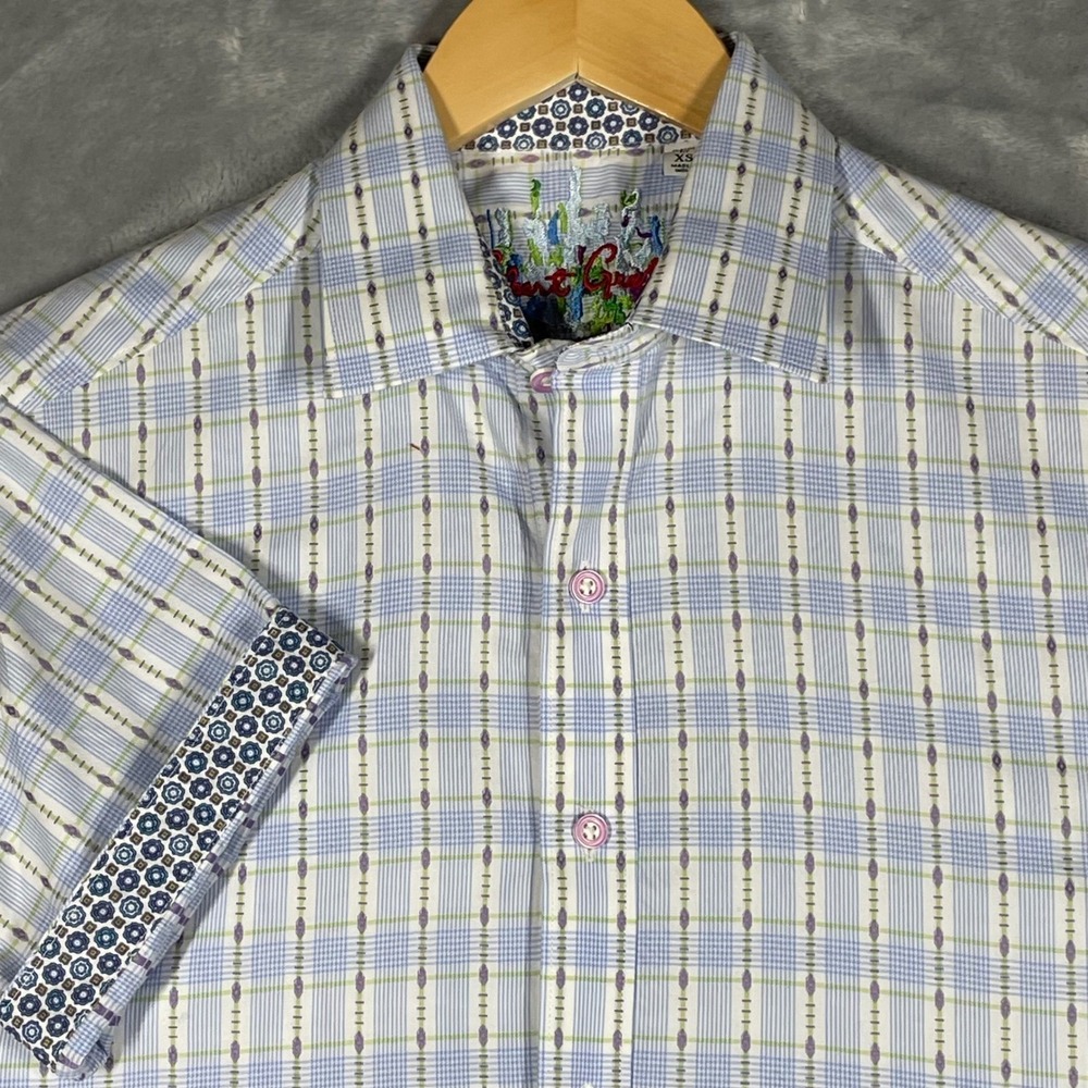 Robert Graham Mens XS Classic Fit Blue Plaid Short Sleeve Button Down Shirt